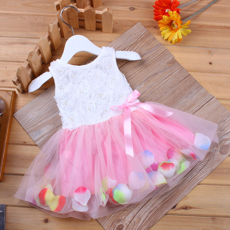 Baby Girl's 3D Rose Bodice Tutu Dress with Petal Hem | Pearl & Bow Sleeveless Party Dress