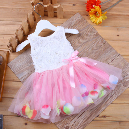 Baby Girl's 3D Rose Bodice Tutu Dress with Petal Hem | Pearl & Bow Sleeveless Party Dress
