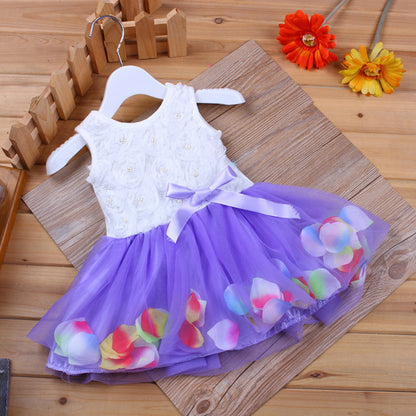 Baby Girl's 3D Rose Bodice Tutu Dress with Petal Hem | Pearl & Bow Sleeveless Party Dress