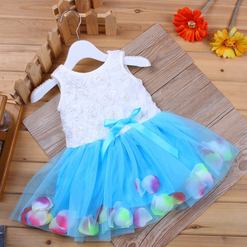 Baby Girl's 3D Rose Bodice Tutu Dress with Petal Hem | Pearl & Bow Sleeveless Party Dress