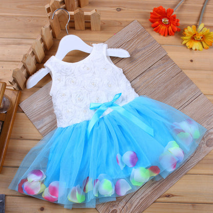 Baby Girl's 3D Rose Bodice Tutu Dress with Petal Hem | Pearl & Bow Sleeveless Party Dress