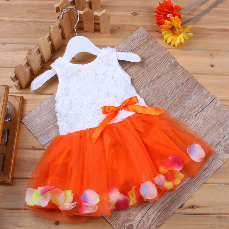 Baby Girl's 3D Rose Bodice Tutu Dress with Petal Hem | Pearl & Bow Sleeveless Party Dress
