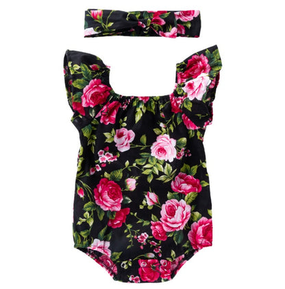 Floral Flutter Sleeve Baby Romper with Headband