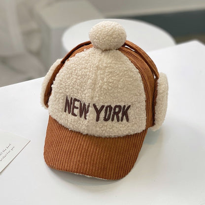 Kids Corduroy + Sherpa “New York” Earflap Baseball Cap