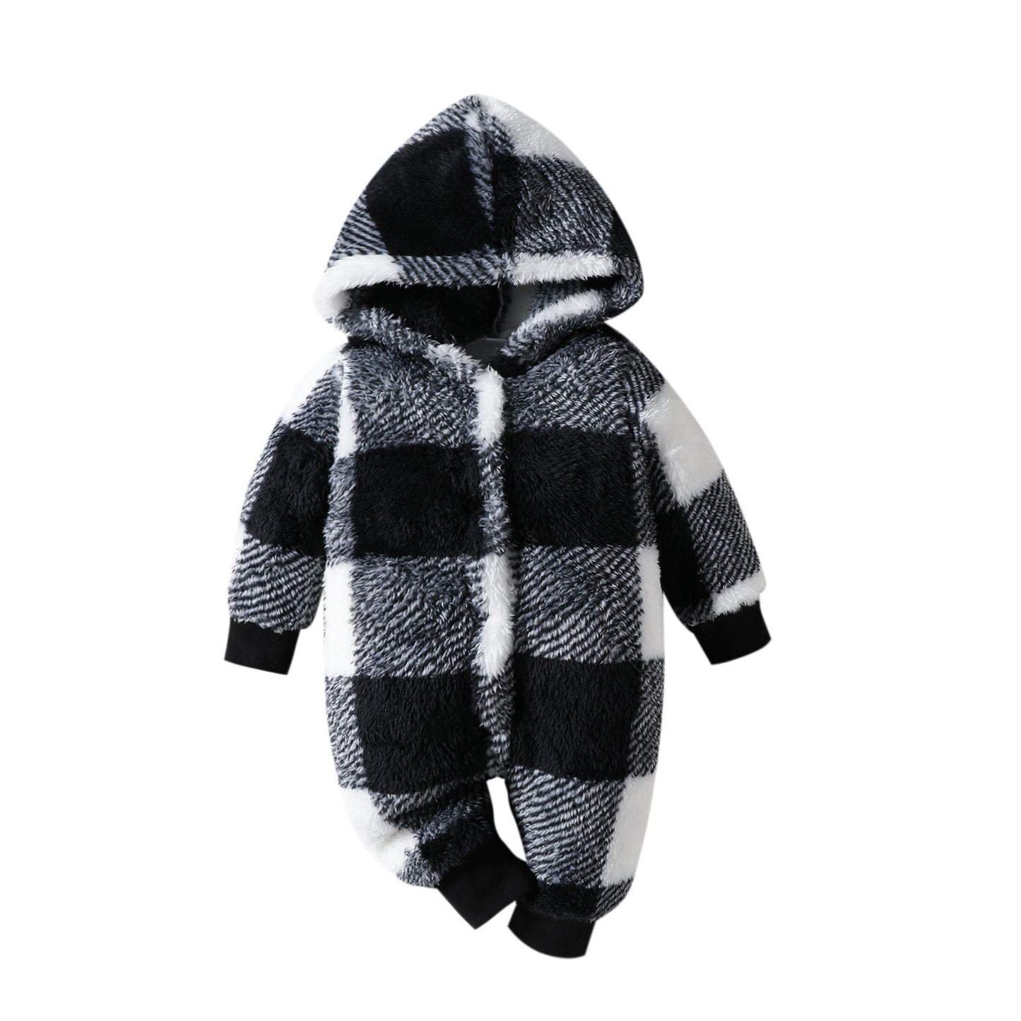 Baby Hooded Plush Plaid Jumpsuit (Thick & Cozy) – Black or Khaki