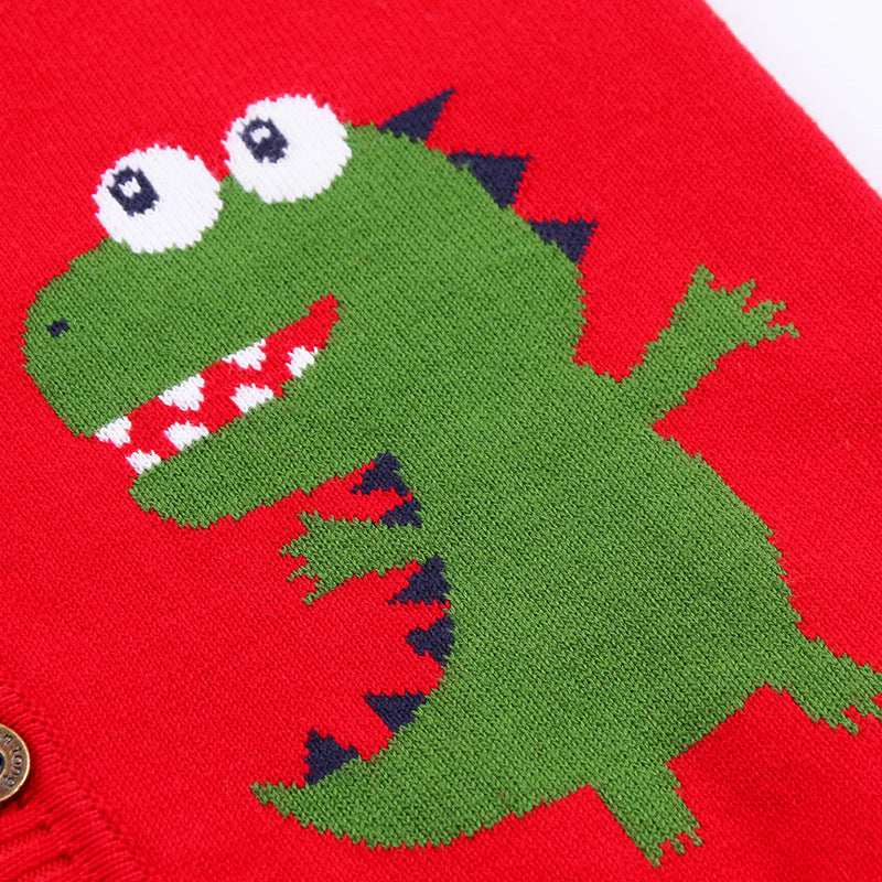 Boys Dinosaur Knit Cardigan Sweater (1–6 Years) – Button-Front V-Neck Cotton Blend