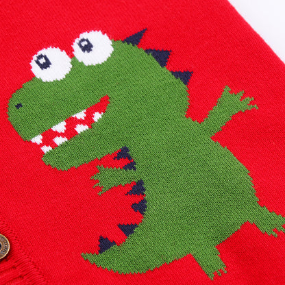 Boys Dinosaur Knit Cardigan Sweater (1–6 Years) – Button-Front V-Neck Cotton Blend