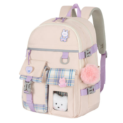 Cute Lightweight Kids School Backpack with Pockets + Pom-Pom Charm (Nylon)