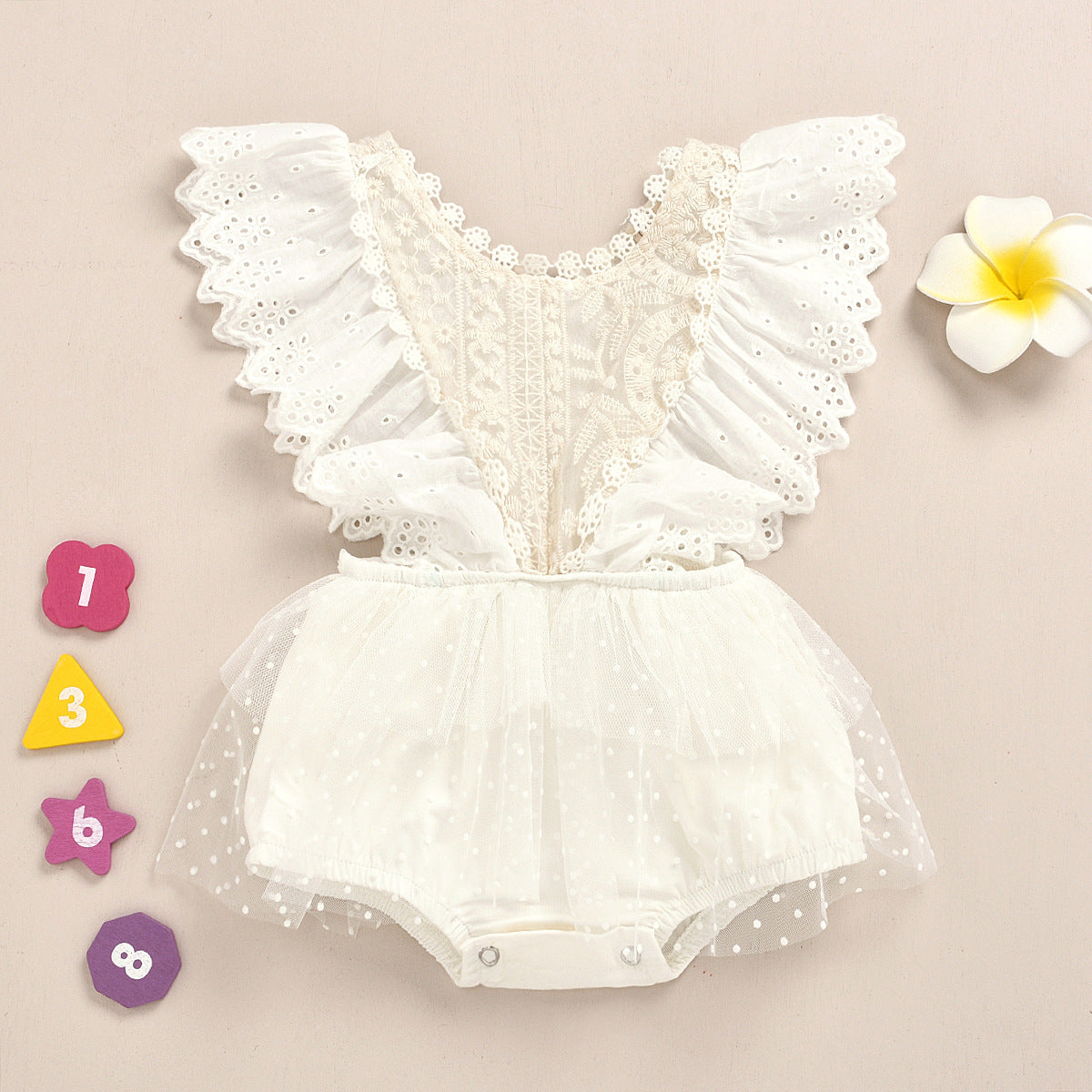 Lace Baby Girl Romper Dress with Flutter Sleeves – Soft Cotton Outfit (0–24 Months)