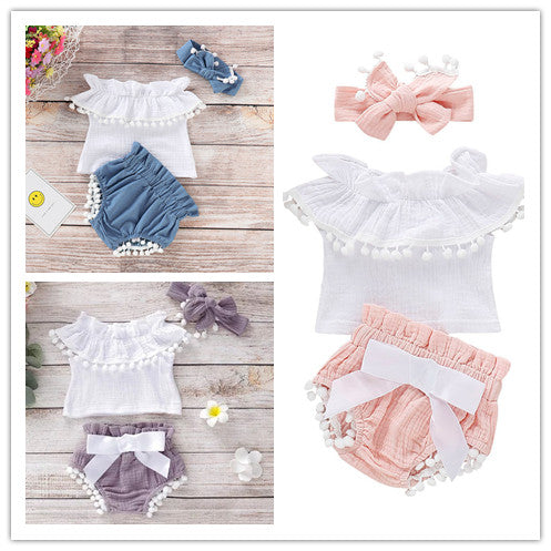Baby Girl Pom-Pom Summer Outfit Set (Top, Bloomers & Headband)