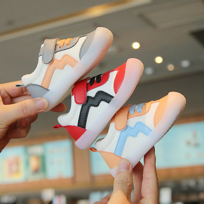 Wave-Panel Mesh & PU Toddler Sneakers | Breathable Color-Block Baby Shoes in Gray, Red & Orange