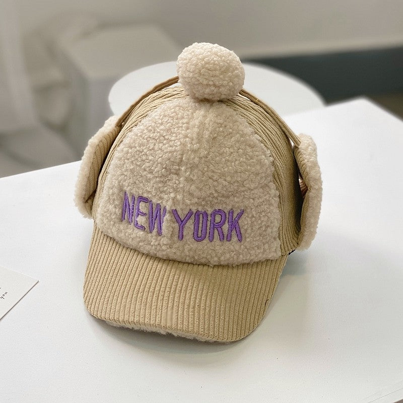Kids Corduroy + Sherpa “New York” Earflap Baseball Cap