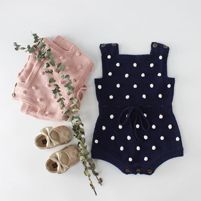 Hand-Knit Pom Pom Baby Romper – Soft Cotton Sleeveless One-Piece for Infants