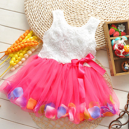 Baby Girl's 3D Rose Bodice Tutu Dress with Petal Hem | Pearl & Bow Sleeveless Party Dress