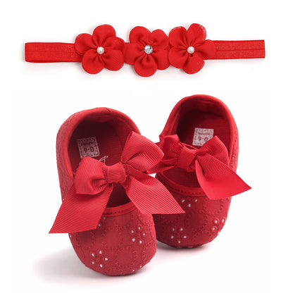 Baby Princess Shoes with Matching Headband – Soft Sole, Bow Detail (0–12 Months)