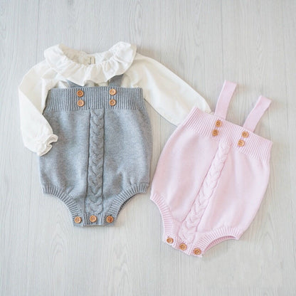 Cable-Knit Baby Romper Bloomers – Soft Cotton Buttoned One-Piece for Little Girls