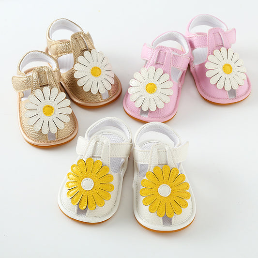 Oversized Daisy Appliqué Soft-Sole Baby Girl Sandals | Velcro Closure in White, Pink & Gold
