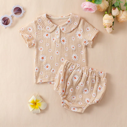 Baby Girl Daisy Print Muslin Two-Piece Set – Peter Pan Collar Top & Bloomer Shorts (6 Months–3 Years)