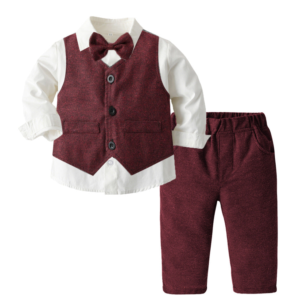 Boys' Long-Sleeve Shirt, Textured Waistcoat & Trouser Set | 3-Piece Bow Tie Suit in Stripe, Plaid & Solid