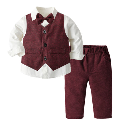 Boys' Long-Sleeve Shirt, Textured Waistcoat & Trouser Set | 3-Piece Bow Tie Suit in Stripe, Plaid & Solid