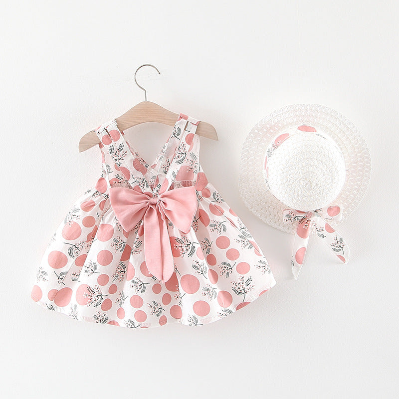 Baby Girl Polka Dot & Floral Print Sleeveless Dress with Sun Hat – Bow Back, Sizes 6 Months–4 Years