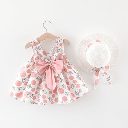 Baby Girl Polka Dot & Floral Print Sleeveless Dress with Sun Hat – Bow Back, Sizes 6 Months–4 Years