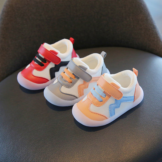 Wave-Panel Mesh & PU Toddler Sneakers | Breathable Color-Block Baby Shoes in Gray, Red & Orange