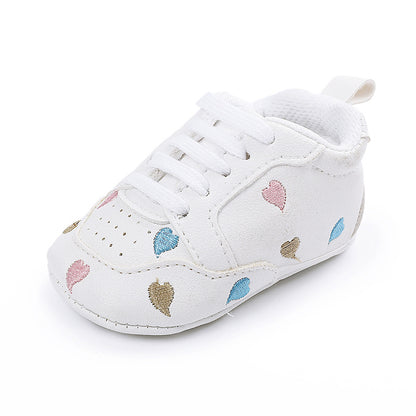 Star & Heart Embroidered White Leather Baby Sneakers | Soft-Sole Pre-Walker Crib Shoes