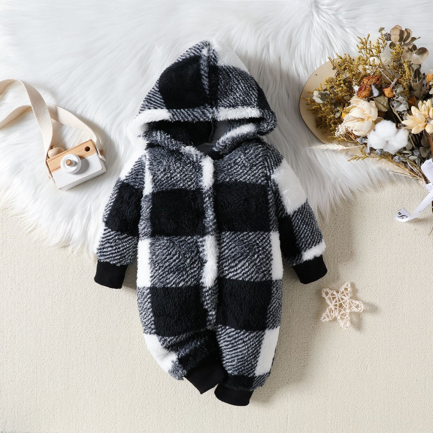 Baby Hooded Plush Plaid Jumpsuit (Thick & Cozy) – Black or Khaki