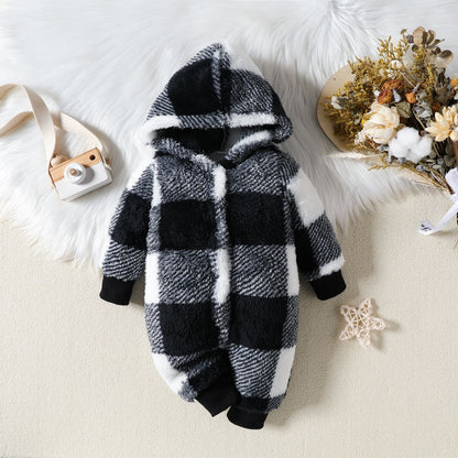 Baby Hooded Plush Plaid Jumpsuit (Thick & Cozy) – Black or Khaki