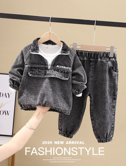 Boys Denim Two-Piece Outfit Set – Zip-Front Jacket & Jogger Pants