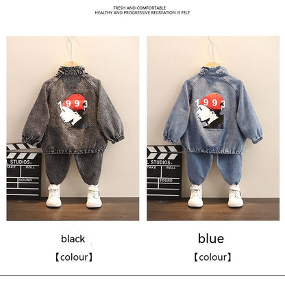 Boys Denim Two-Piece Outfit Set – Zip-Front Jacket & Jogger Pants