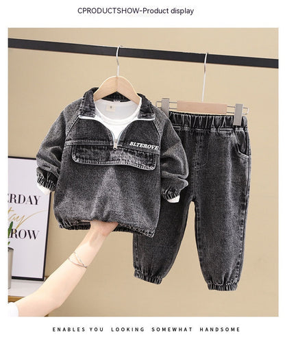 Boys Denim Two-Piece Outfit Set – Zip-Front Jacket & Jogger Pants