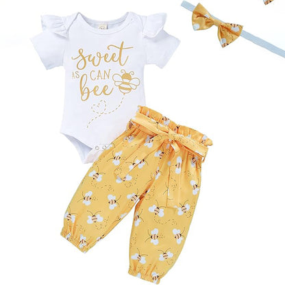 Infant Baby Girl “Sweet Bee” 3-Piece Outfit Set – Letter Print Romper, Bee Pants & Bow Headband