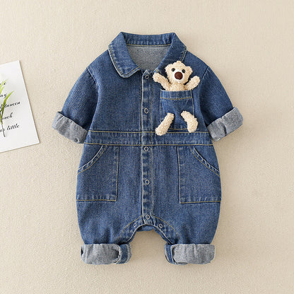 Baby Denim Jumpsuit with Teddy Bear – High-Quality Cotton Romper for Infants