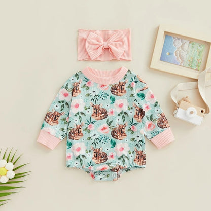 Baby Girl Printed Sweatshirt Bubble Romper & Bow Headband Set – Long Sleeve, Sizes Newborn–24 Months