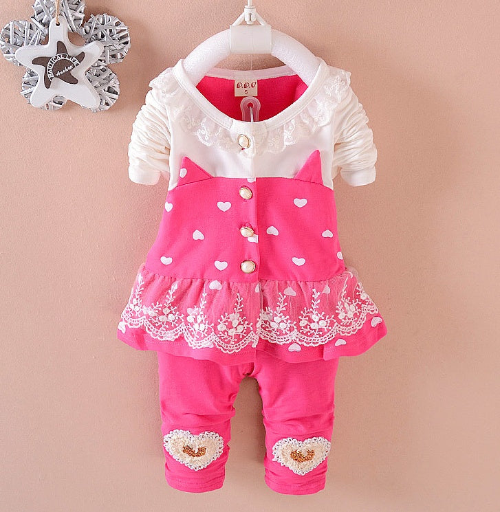 Sweet Lace Baby Girl Outfit Set – Cotton Top & Pants 2-Piece Set for Toddlers