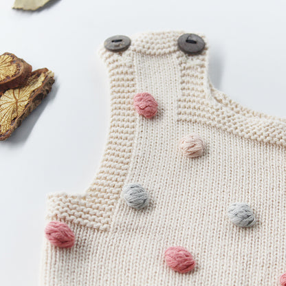 Hand-Knit Pom Pom Baby Romper – Soft Cotton Sleeveless One-Piece for Infants