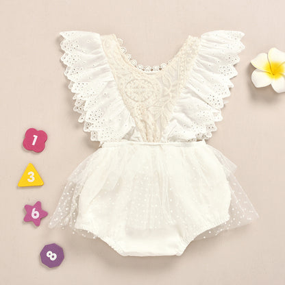 Lace Baby Girl Romper Dress with Flutter Sleeves – Soft Cotton Outfit (0–24 Months)