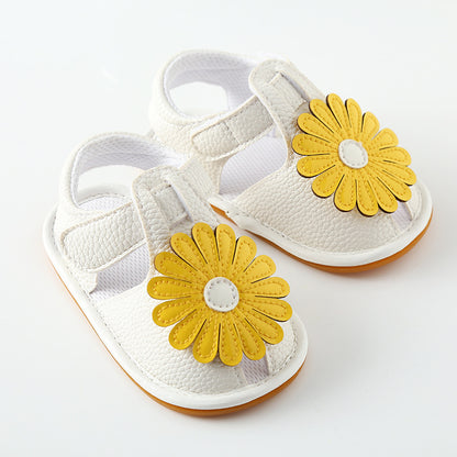 Oversized Daisy Appliqué Soft-Sole Baby Girl Sandals | Velcro Closure in White, Pink & Gold