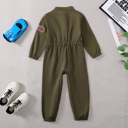 Toddler Boys’ Pilot Jumpsuit – Army Green Long Sleeve Romper (4-5 Years)