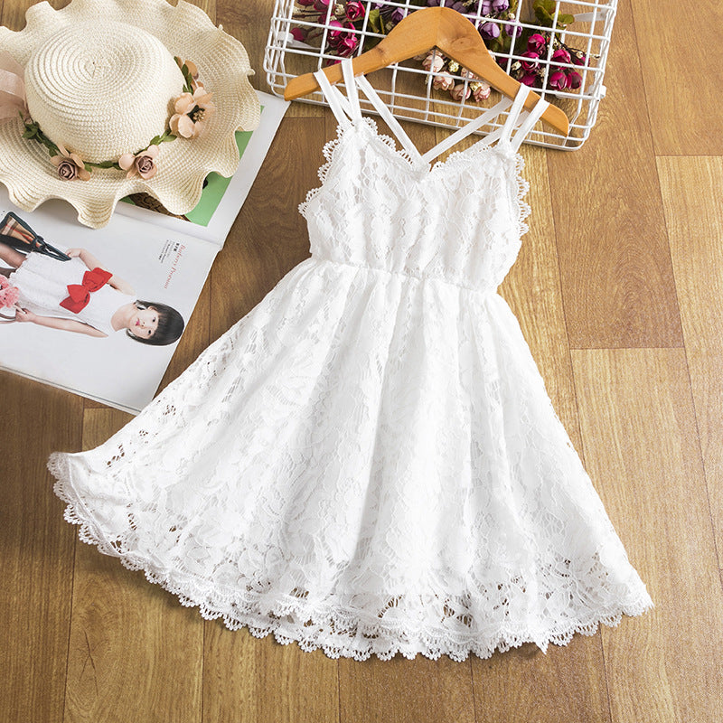 Girls' All-Over Lace Spaghetti Strap Dress – Floral Cutout, Full Skirt, Sizes 3–8