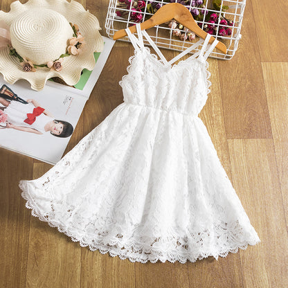 Girls' All-Over Lace Spaghetti Strap Dress – Floral Cutout, Full Skirt, Sizes 3–8