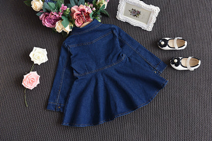 Girls' Button-Front Denim A-Line Dress – Long Sleeve with Chest Pockets, Sizes 2–8