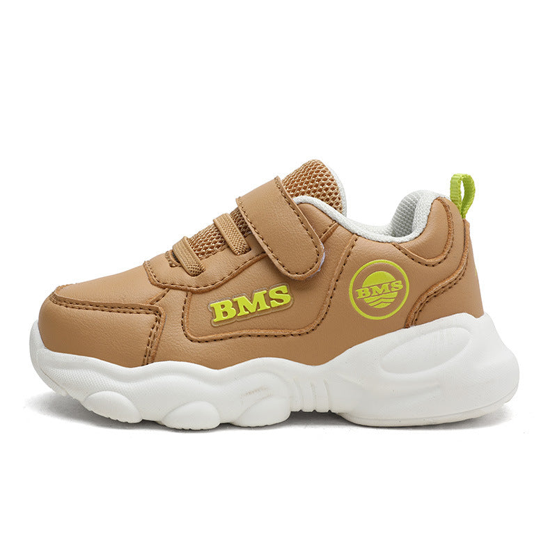 Chunky-Sole PU Leather Kids Sneakers with Velcro Strap | Casual Athletic Shoes in Caramel, Pink & Blue
