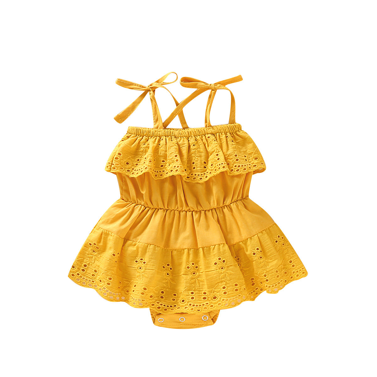 Baby Girl Eyelet Lace Tie-Strap Romper Dress (Yellow or White)