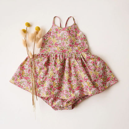 Ditsy Floral & Eyelet Dress-Romper for Baby Girls – Spaghetti Strap Summer Bubble Dress