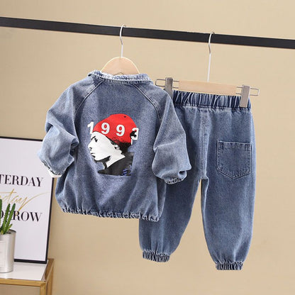 Boys Denim Two-Piece Outfit Set – Zip-Front Jacket & Jogger Pants