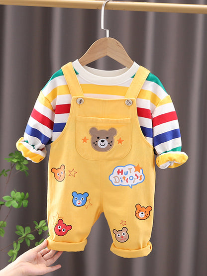 Toddler Boy 2-Piece Outfit Set – Rainbow Stripe Long-Sleeve Tee & Cartoon Bear Suspender Pants (6 Months–5 Years)