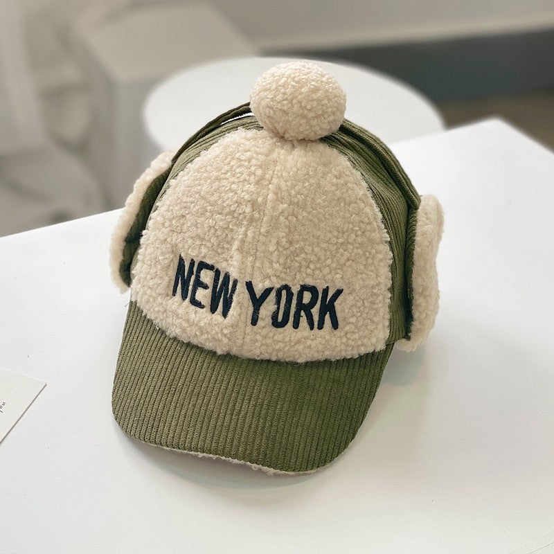Kids Corduroy + Sherpa “New York” Earflap Baseball Cap